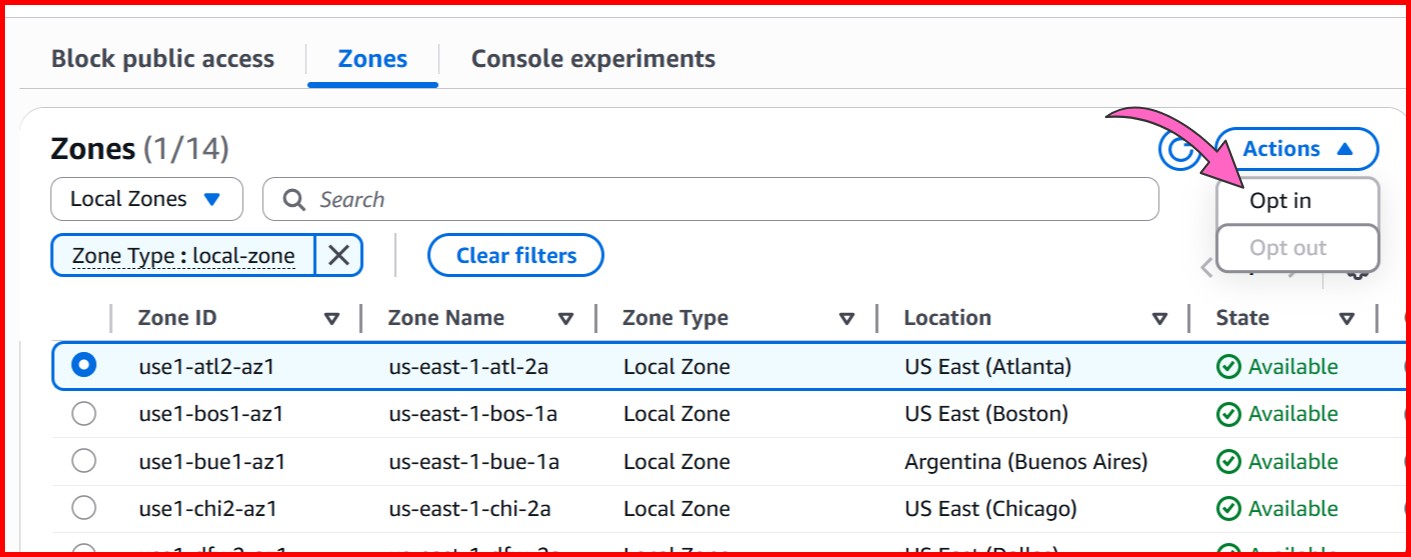 Picture showing the option to Opt-In or Opt-out the local zones